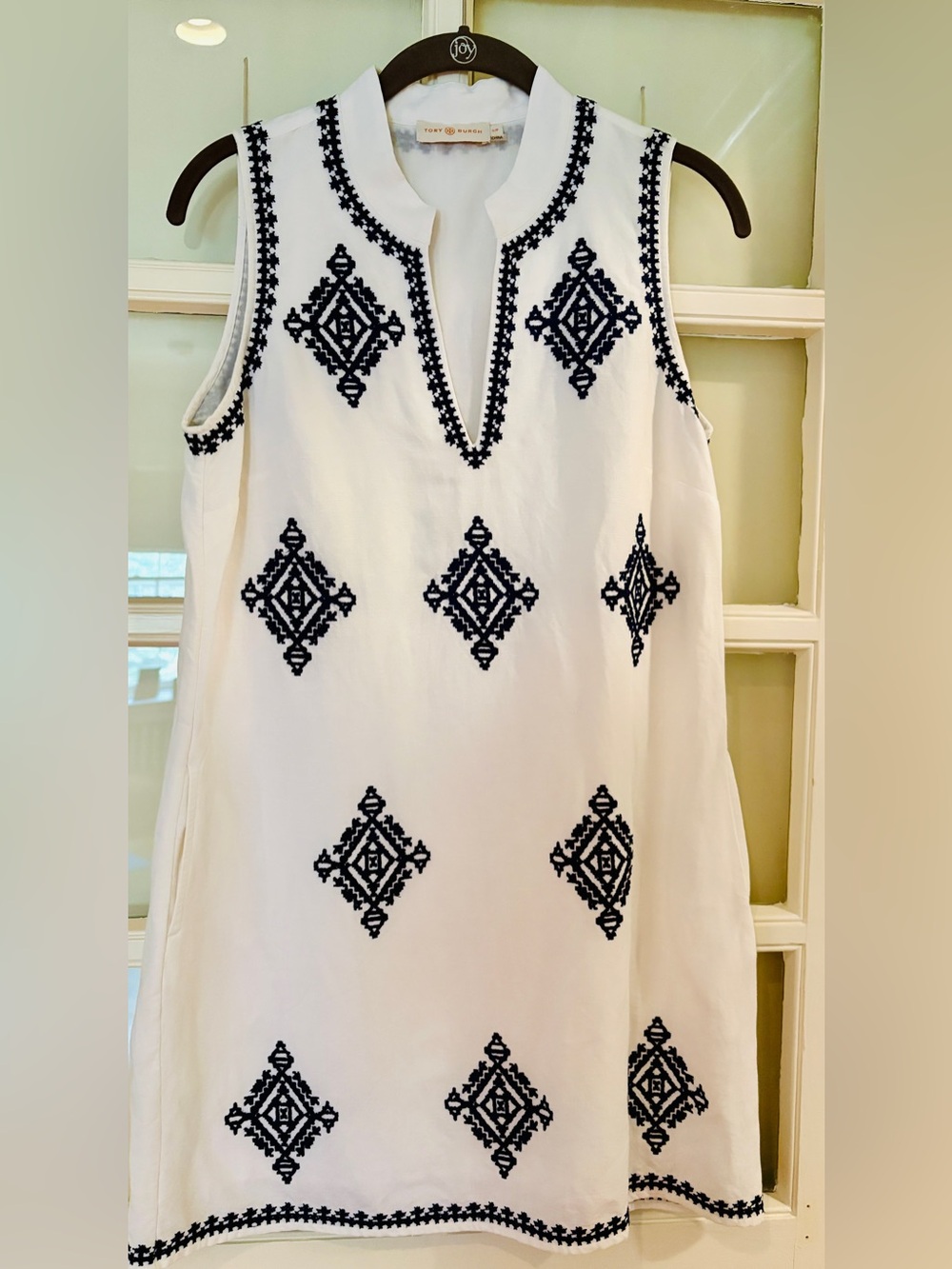 Tory Burch White Sleeveless Dress with Navy Embroidered Motifs